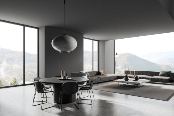 istock Grey home living room interior with eating table and relax place, window 1844679272