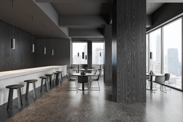 istock Grey cafe interior with chairs and table, bar counter and panoramic window 1844680971
