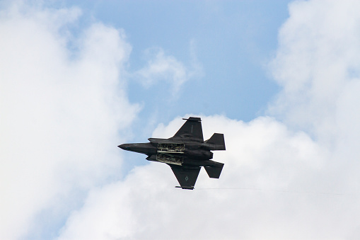 Changi Airport, Singapore - February 12, 2020 : Lockheed Martin F-35B Lightning II Fighter Jet Of United States Marine Corps In Aerial Demonstration At Changi Airport.