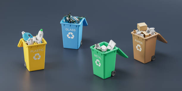 istock Four waste bins full of different types of garbage, top view 1844686711