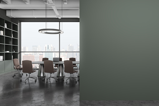 Stylish office meeting room, negotiation table and armchairs. Shelf with decoration on grey concrete floor. Panoramic window on Singapore skyscrapers. Mockup copy space wall partition. 3D rendering