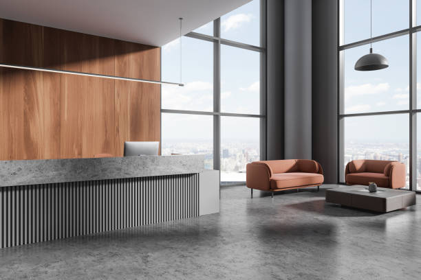 istock Gray and wooden office lobby with reception and armchairs 1844691436