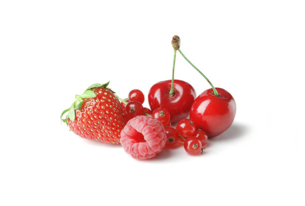 set of different berries on a white background, such as strawberries, cherries, raspberries, blueberries, currants, blueberries.
