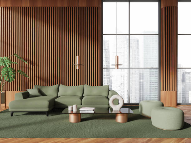 istock Luxury living room interior with couch and coffee table near panoramic window 1844699409
