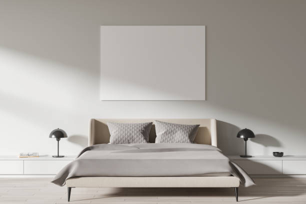 istock White bedroom interior with bed and poster 1844700948