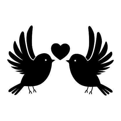 Silhouette of two birds with a heart on a white background. Vector illustration for Valentine's Day, wedding.Romantic greeting card. Love symbol