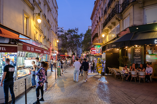 Paris, France - October 8, 2023 : View of bars and street food stands at the very popular Chatelet area in Paris France