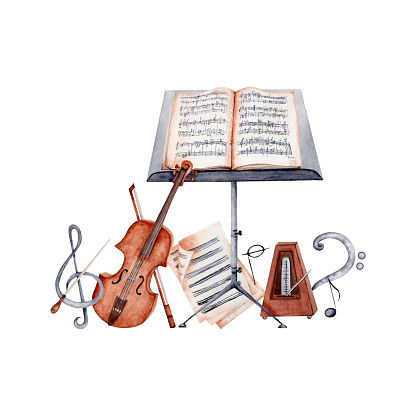 Violin, Music Stand, Sheet Music, Baton, Metronome, Treble and Bass Clef and Music Notes Classical music composition. Watercolor illustration isolated on white background. Stylish design element.