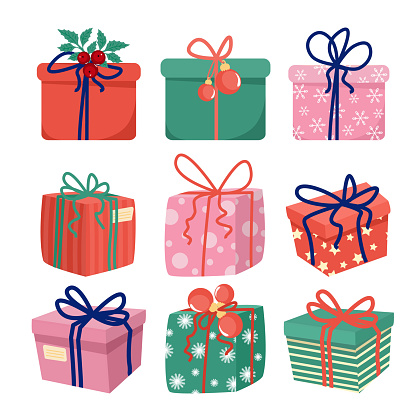 vector set of different Christmas gift boxes. Green, red and pink with bows, Christmas balls. 9 illustration in cartoon style, pattern gifts
