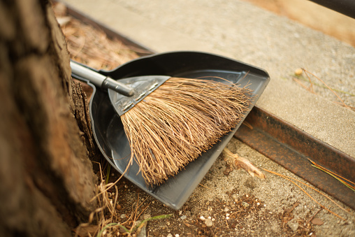 A broom and a dustpan are put.