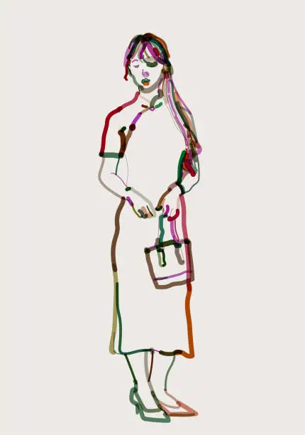 Vector illustration of fashion woman wearing cheongsam take bag  in standing watercolors portrait pattern