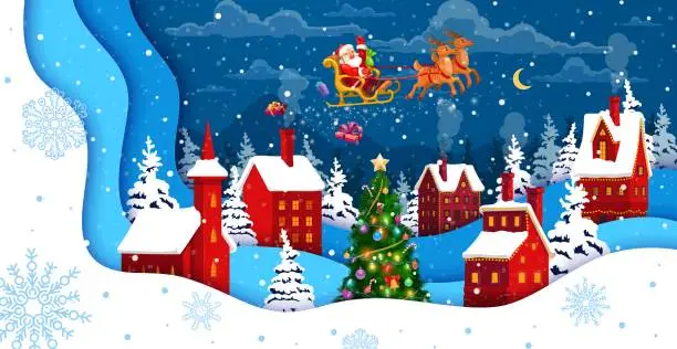 Vector illustration of Christmas paper cut snowy town landscape and santa