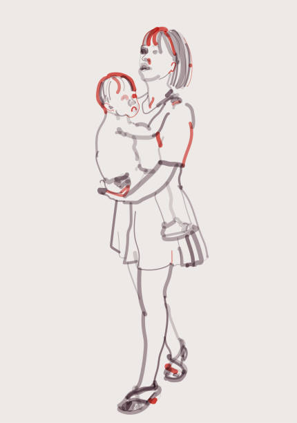 istock outline watercolors portrait pattern,woman holding a baby in standing 1844808915