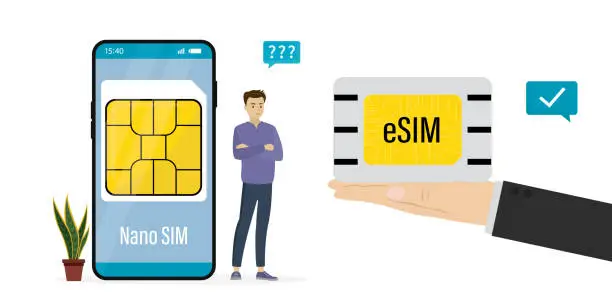 Vector illustration of Seller hand give esim to client. Smartphone with old standard sim card. Embedded simcard, modern technology. Happy user man with digital card microchip, smartphone gsm.