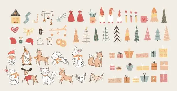 Vector illustration of Merry Christmas set, New Year's set, with cute elements for design. Christmas tree, santa, cute animals, toys for the Christmas tree. For cards, banners, website, icons, fabrics