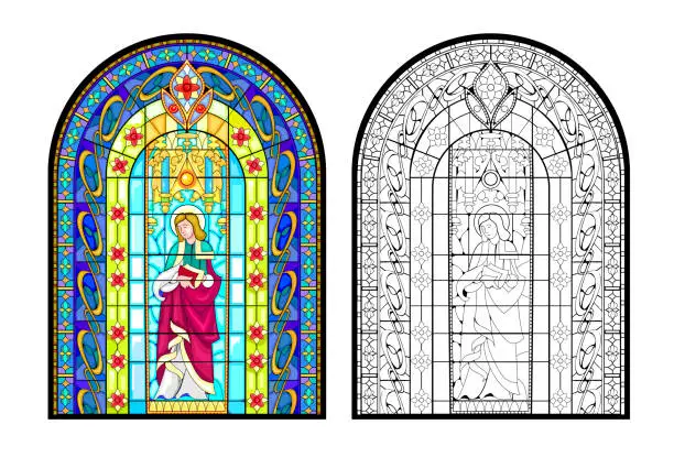 Vector illustration of Colorful and black and white illustration of Gothic stained glass window with Peter the Apostle. Coloring book for children and adults. Medieval architectural style in Western Europe. Vector image.
