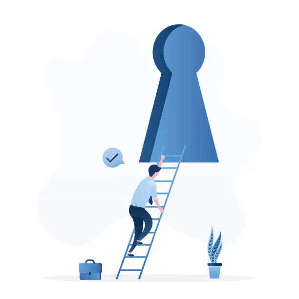 Vector illustration of Businessman climbing up ladder in keyhole. Secret enter. Unlock business opportunity. Ladder of success, challenge ahead for career development and personal improvement