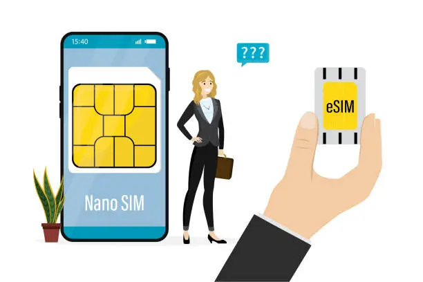 Vector illustration of Seller hand give esim to woman client. Smartphone with old standard sim card. Embedded simcard, modern technology. Happy girl user with digital card microchip, smartphone gsm.