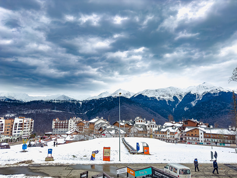 Russia, Sochi, 30 November 2023: Winter view of the mountains Krasnaya Polyana, Rosa Khutor, Olympic Village, Estosadok, Sochi