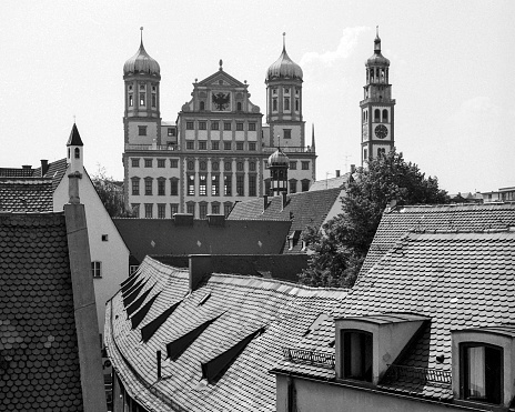 Rear elevated view of the City Hall, Augsburg, Gremany and local architecture. Film scan