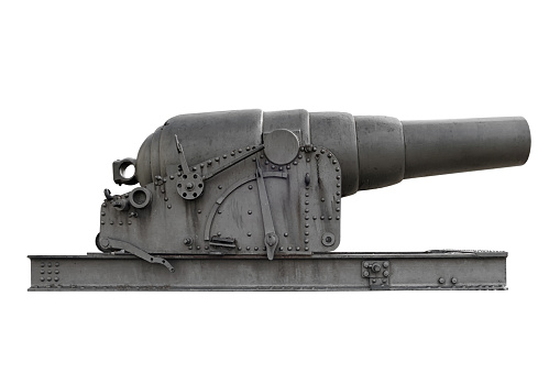 Large large-caliber naval cannon from the late 19th century. Isolated on a white background. Steampunk style template.