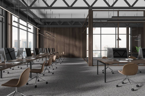 istock Dark office interior with coworking and meeting room, panoramic window 1844849637