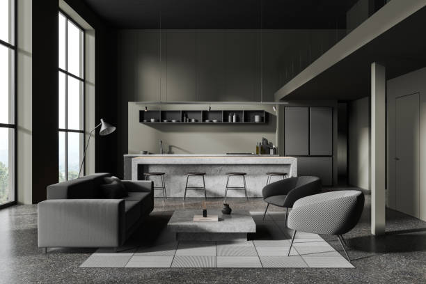 istock Gray living room and kitchen interior 1844850691