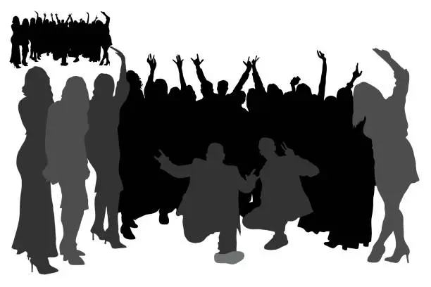 Vector illustration of Vector silhouettes of a large group of people having a holiday on a white background, men and women
