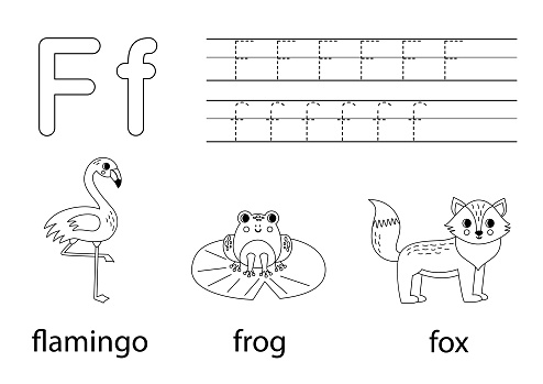 Trace uppercase and lowercase letter F. Black and white worksheet for learning alphabet.