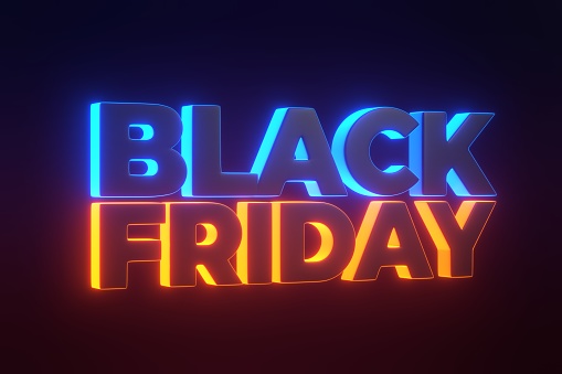 Black Friday text with bright glowing futuristic blue and orange neon lights on a black background. Black Friday Super Sale concept. 3D render illustration