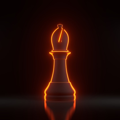 Bishop chess piece with bright glowing futuristic orange neon lights on a black background. Chess game figurine. Chess pieces. Board games. Strategy games. 3D render illustration