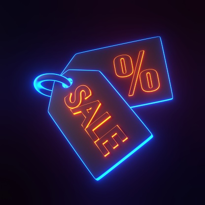 Price tag, label, discount coupon with percent sign and inscription sale with bright glowing futuristic blue and orange neon lights on black background. 3D render illustration