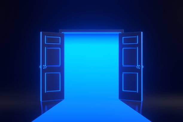 istock Light going through the opening door with bright glowing futuristic blue neon lights on black background 1844965084