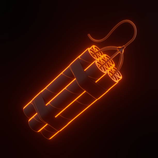 Bundle of dynamite sticks, TNT with wick with bright glowing futuristic orange neon lights on black background. Explosive supplies. 3D render illustration