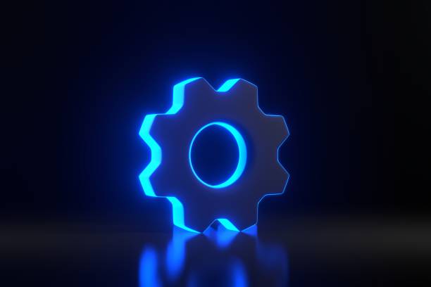 istock Gear with bright glowing futuristic blue neon lights on black background 1844970943