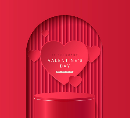 Red promo banner for Valentine's day sale.Round podium for ad under arch and hearts over it. Holiday discounts, scene for product display presentation.Template for retail,shops,web,social media.Vector