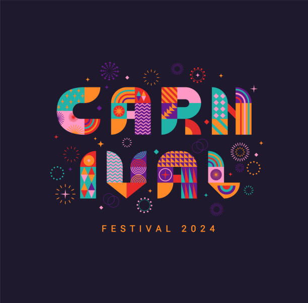 Carnival banner, invitation for festival 2024. Carnival banner, invitation for festival 2024.Party card to carnaval,mardi gras,masquerade,parade.Letters from geometric shapes,fireworks, stars. Template for design flyer, web,poster. Vector mardi gras flyer stock illustrations