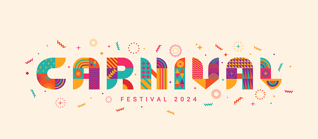 Carnival horizontal banner, invitation for festival 2024.Party card to carnaval,mardi gras,masquerade,parade.Letters from geometric shapes,fireworks,stars.Template for design flyer, web,poster. Vector