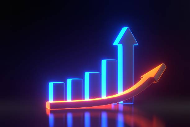 istock Graph growth concept step by step with bright glowing futuristic blue neon lights on black background 1844977778