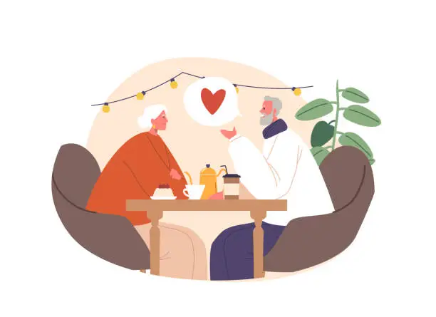 Vector illustration of Elderly Romantic Couple Sits In A Cozy Cafe, Holding Hands, Sharing Smiles, And Reminiscing About A Lifetime Of Love
