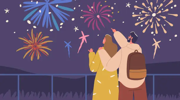 Vector illustration of Under The Starry Night, A Mesmerized Couple Embraces, Gazing At The Bursting Holiday Fireworks, Reflect Joy And Love