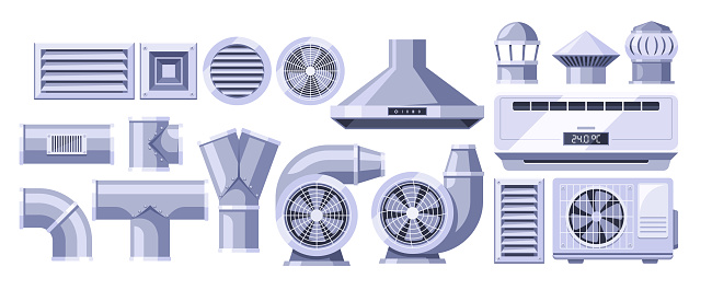 Ventilation Elements For Air Circulation. Vents, Pipes, Fans And Air Ducts, Ensuring Fresh Airflow, Maintaining Optimal Conditions, And Promoting A Healthy Indoor Environment. Cartoon Vector Set