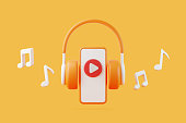 Cartoon headphones and melody note with play symbol flying on orange background