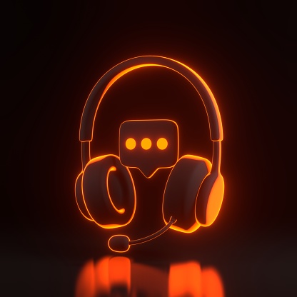 Headphones with speech bubble message flying with bright glowing futuristic orange neon lights on black background. Call center and online customer support. 3D render illustration