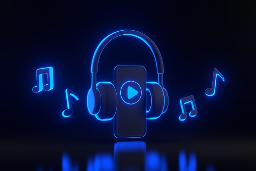 Headphones, smartphone and melody note and play symbol with bright glowing futuristic blue neon lights on black background. Concept of listening to music, radio, podcasts and books. 3D render