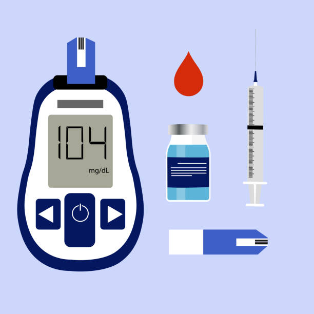 insulin, insulin- und blutzuckermessgerät, blutstropfen, blutzuckermessgerät-kit - diabetes grafiken stock-grafiken, -clipart, -cartoons und -symbole