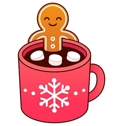 Gingerbread man cookie relaxing in hot chocolate cup with marshmallows. Modern cute cartoon vector illustration. Merry Christmas greeting card.