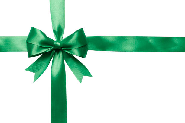 Green gift bow with ribbon on white background