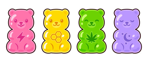 Cute cartoon supplement gummy bear set Cute cartoon supplement gummy bear drawing set. Energy, multivitamin, CBD edible, melatonin. Vector clip art Illustration. cannabis gummy bears stock illustrations