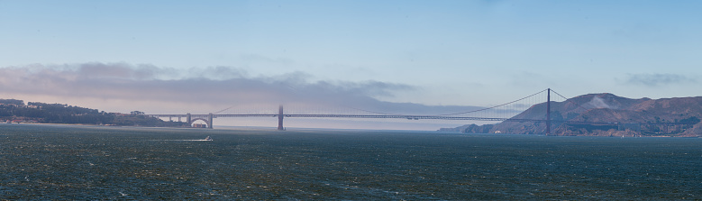 A panorama picture of the Golden Gate from the San Francisco Bay towards the ocean